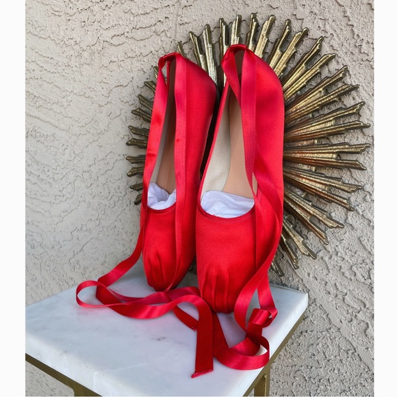J. Crew Shoes - J. CREW Ruby Red Satin Lace Up Ballet Slippers Flats Pointe Shoe Style Flats